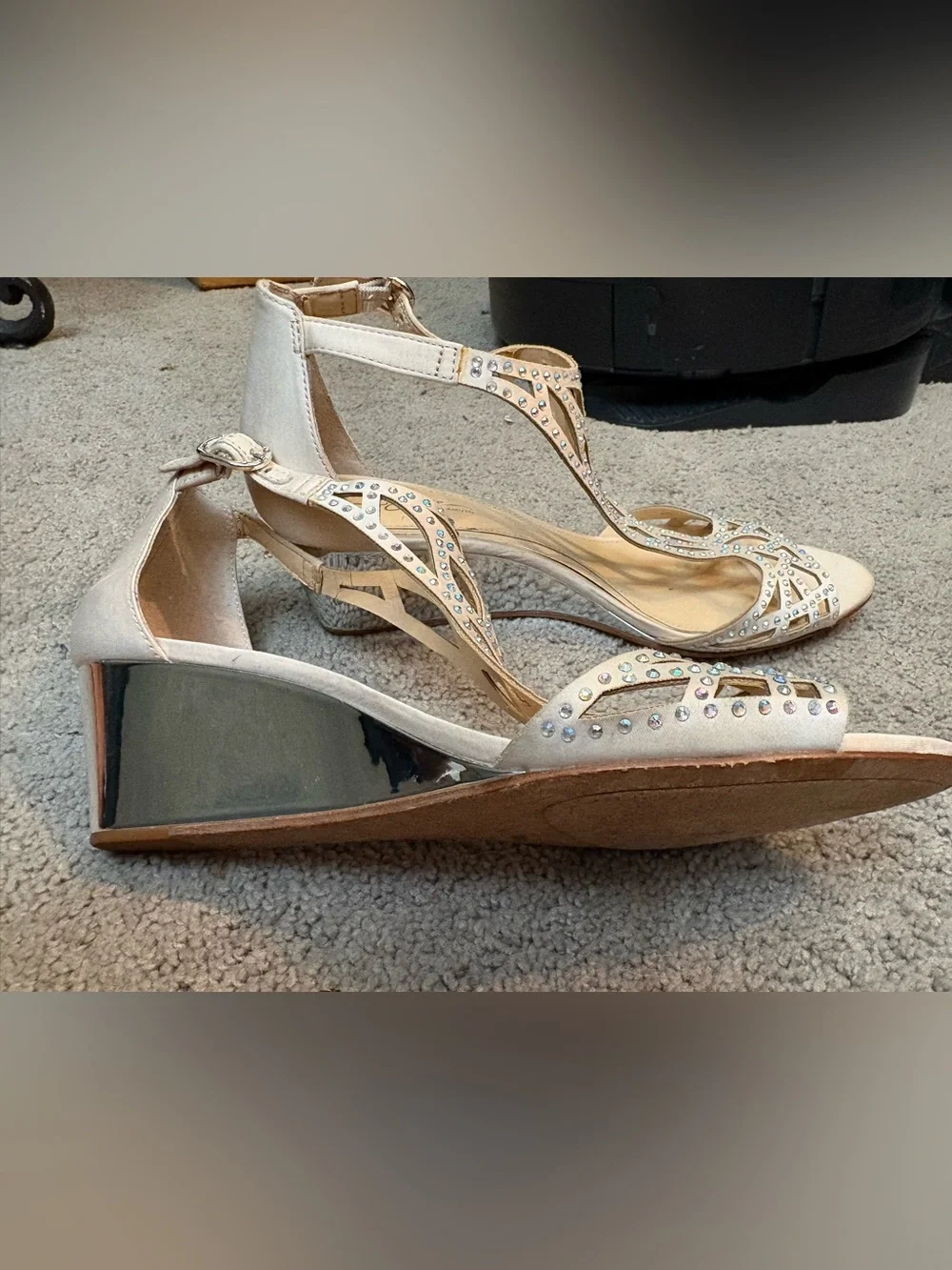 Vince Camuto Nude Crystal T‑Strap Wedge Sandals
